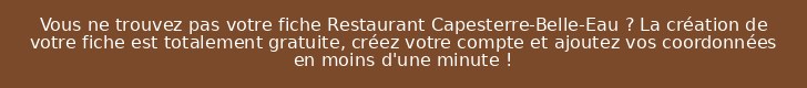 Vous ne trouvez pas votre fiche Restaurant Capesterre-Belle-Eau ? La création de votre fiche est totalement gratuite, créez votre compte et ajoutez vos coordonnées en moins d'une minute !