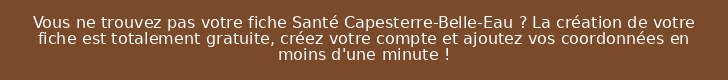 Vous ne trouvez pas votre fiche Santé Capesterre-Belle-Eau ? La création de votre fiche est totalement gratuite, créez votre compte et ajoutez vos coordonnées en moins d'une minute !