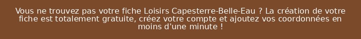 Vous ne trouvez pas votre fiche Loisirs Capesterre-Belle-Eau ? La création de votre fiche est totalement gratuite, créez votre compte et ajoutez vos coordonnées en moins d'une minute !
