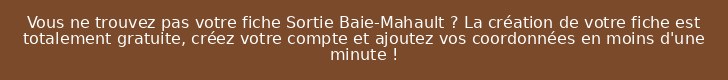 Vous ne trouvez pas votre fiche Sortie Baie-Mahault ? La création de votre fiche est totalement gratuite, créez votre compte et ajoutez vos coordonnées en moins d'une minute !