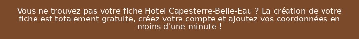 Vous ne trouvez pas votre fiche Hotel Capesterre-Belle-Eau ? La création de votre fiche est totalement gratuite, créez votre compte et ajoutez vos coordonnées en moins d'une minute !