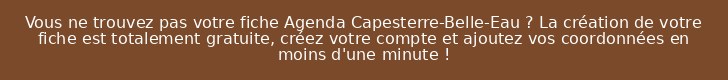 Vous ne trouvez pas votre fiche Agenda Capesterre-Belle-Eau ? La création de votre fiche est totalement gratuite, créez votre compte et ajoutez vos coordonnées en moins d'une minute !