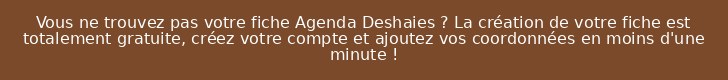 Vous ne trouvez pas votre fiche Agenda Deshaies ? La création de votre fiche est totalement gratuite, créez votre compte et ajoutez vos coordonnées en moins d'une minute !