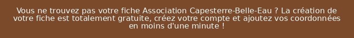 Vous ne trouvez pas votre fiche Association Capesterre-Belle-Eau ? La création de votre fiche est totalement gratuite, créez votre compte et ajoutez vos coordonnées en moins d'une minute !