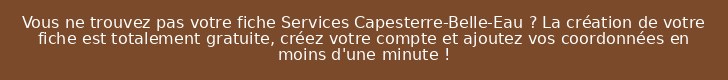 Vous ne trouvez pas votre fiche Services Capesterre-Belle-Eau ? La création de votre fiche est totalement gratuite, créez votre compte et ajoutez vos coordonnées en moins d'une minute !