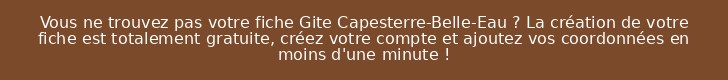 Vous ne trouvez pas votre fiche Gite Capesterre-Belle-Eau ? La création de votre fiche est totalement gratuite, créez votre compte et ajoutez vos coordonnées en moins d'une minute !