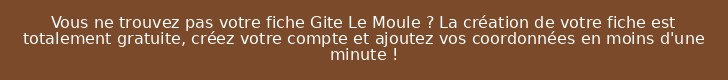 Vous ne trouvez pas votre fiche Gite Le Moule ? La création de votre fiche est totalement gratuite, créez votre compte et ajoutez vos coordonnées en moins d'une minute !