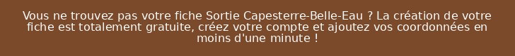 Vous ne trouvez pas votre fiche Sortie Capesterre-Belle-Eau ? La création de votre fiche est totalement gratuite, créez votre compte et ajoutez vos coordonnées en moins d'une minute !